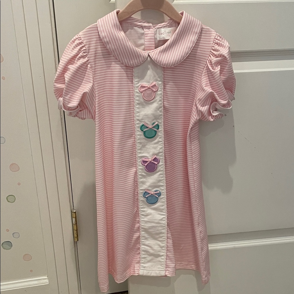 Cecil and Lou Disney Pink Striped Girls Dress with Bow Appliqués, Size 6